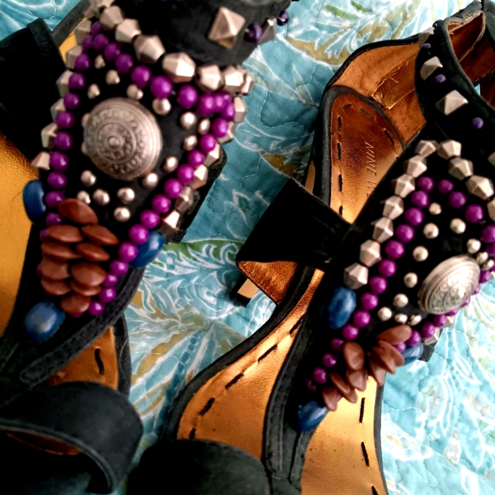 NINE WEST heels black suede beaded boho western - 7